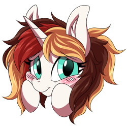 Size: 1200x1200 | Tagged: safe, artist:ask-colorsound, oc, oc only, oc:scarlet serenade, pony, unicorn, blushing, emoticon, female, flattered, head only, hooves on cheeks, mare, simple background, solo, transparent background