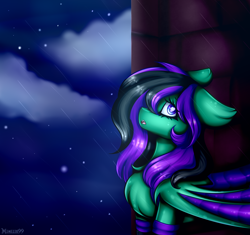 Size: 4264x4000 | Tagged: safe, artist:mimihappy99, derpibooru import, oc, oc:mintybatty, bat pony, female, mare, night, rain