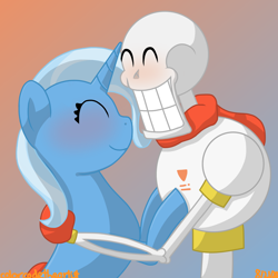 Size: 1536x1536 | Tagged: safe, artist:colorcodetheartist, derpibooru import, trixie, crack shipping, crossover, crossover shipping, cute, eyes closed, female, male, papyrus (undertale), redraw, shipping, smiling, straight, trixie is amused, trixierus, undertale