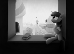 Size: 3603x2653 | Tagged: safe, artist:sheeppony, derpibooru import, twilight sparkle, book, grayscale, monochrome, rain, solo