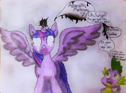 Size: 2623x1943 | Tagged: safe, artist:daybreak ponii, artist:daymusik, spike, twilight sparkle, twilight sparkle (alicorn), alicorn, dragon, pony, crossover, dark magic, dialogue, magic, raven (teen titans), simple background, tara strong, teen titans, text, traditional art, voice actor joke, white background, wings