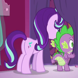 Size: 480x480 | Tagged: safe, derpibooru import, screencap, spike, starlight glimmer, dragon, pony, unicorn, a-dressing memories, spoiler:a-dressing memories, butt, cropped, duo, female, glimmer glutes, male, mare, winged spike