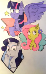 Size: 1194x1920 | Tagged: safe, artist:theuselessgarbage, derpibooru import, fluttershy, rarity, twilight sparkle, twilight sparkle (alicorn), alicorn, pegasus, pony, unicorn, flower, flower in hair, smiling, traditional art