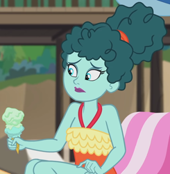 Size: 1792x1825 | Tagged: safe, derpibooru import, screencap, leafy mint, better together, equestria girls, turf war, background human, clothes, cropped, female, food, ice cream, milf, one-piece swimsuit, solo, swimsuit