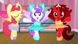 Size: 1920x1080 | Tagged: safe, artist:angrymetal, apple bloom, princess flurry heart, oc, oc:princess ruby, alicorn, 1000 hours in ms paint, alicorn apple bloom, alicorn oc, alicornified, ballet, ballet dancing, ballet slippers, bipedal, bloomerina, bloomicorn, clothes, dancing ballet, en pointe, eyes closed, flurryrina, holding hooves, horn, looking at you, older, older flurry heart, race swap, raised hoof, tutu, tutus, wings