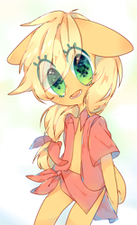Size: 1080x1782 | Tagged: safe, artist:ealfabo, derpibooru import, applejack, earth pony, pony, semi-anthro, cute, eye clipping through hair, female, floppy ears, hatless, jackabetes, looking at you, missing accessory, open mouth, simple background, solo, white background