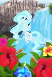 Size: 1280x1893 | Tagged: safe, artist:erim-kawamori, oc, oc:blue flower, pegasus, pony, female, mare, solo, two toned wings, waterfall, wings