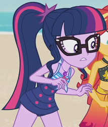 Size: 1370x1601 | Tagged: safe, derpibooru import, screencap, sci-twi, sunset shimmer, twilight sparkle, better together, equestria girls, unsolved selfie mysteries, clothes, cropped, female, geode of telekinesis, glasses, magical geodes, ponytail, sleeveless, solo, swimsuit
