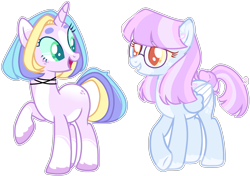 Size: 2212x1557 | Tagged: safe, artist:kurosawakuro, oc, oc only, pegasus, pony, unicorn, base used, colored pupils, female, half-siblings, magical lesbian spawn, mare, offspring, parent:coconut cream, parent:diamond tiara, parent:wind sprint, simple background, transparent background