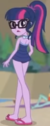 Size: 616x1547 | Tagged: safe, derpibooru import, screencap, sci-twi, twilight sparkle, better together, equestria girls, unsolved selfie mysteries, clothes, cropped, female, glasses, ponytail, sleeveless, solo, swimsuit