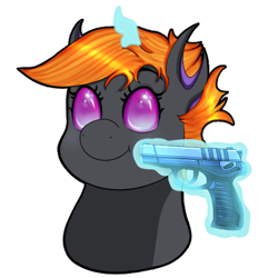 Size: 512x512 | Tagged: safe, artist:mythos art, oc, oc only, oc:clarity heart, changeling, commission, delet this, digital art, emoji, emote, gun, handgun, male, pistol, purple changeling, simple background, solo, stallion, sticker, telegram sticker, transparent background