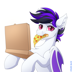 Size: 1488x1492 | Tagged: safe, artist:strafe blitz, derpibooru import, oc, oc only, bat pony, pony, food, pizza, solo