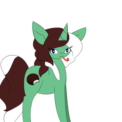 Size: 1000x1000 | Tagged: safe, artist:kaggy009, oc, oc:peppermint pattie (unicorn), pony, unicorn, ask peppermint pattie, candy, candy cane, female, food, mare, mouth hold, solo