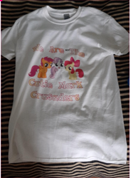 Size: 661x896 | Tagged: safe, apple bloom, scootaloo, sweetie belle, earth pony, pegasus, unicorn, clothes, cutie mark crusaders, irl, photo, shirt, t-shirt