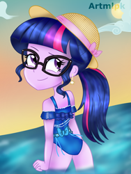 Size: 1536x2048 | Tagged: safe, artist:artmlpk, sci-twi, twilight sparkle, equestria girls, adorkable, beach, clothes, cute, dork, ear piercing, earring, hat, jewelry, looking at you, looking back, looking back at you, looking over shoulder, piercing, ponytail, solo, swimsuit, twiabetes, water