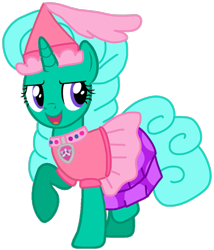 Size: 923x1077 | Tagged: safe, artist:徐詩珮, glitter drops, pony, unicorn, series:sprglitemplight diary, series:sprglitemplight life jacket days, series:springshadowdrops diary, series:springshadowdrops life jacket days, alternate universe, base used, clothes, costume, cute, halloween, halloween costume, paw patrol, simple background, skye (paw patrol), transparent background