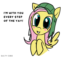 Size: 1304x1170 | Tagged: safe, artist:saltycube, derpibooru import, fluttershy, pegasus, pony, blushing, crossover, cute, eye contact, half-life, half-life: alyx, hat, looking at each other, positive ponies, simple background, solo, white background, yay