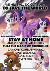 Size: 1000x1415 | Tagged: safe, artist:manifest harmony, derpibooru import, button mash, nurse redheart, rarity, sweetie belle, twilight sparkle, twilight sparkle (alicorn), alicorn, earth pony, pony, unicorn, series:save the world, apple, buttonbetes, coronavirus, covid-19, cute, diasweetes, food, heart eyes, heart nostrils, mouthpiece, public service announcement, stay at home, tin can telephone, washing hooves, wingding eyes