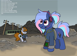 Size: 3136x2280 | Tagged: safe, artist:aaathebap, oc, oc only, oc:bit rate, oc:littlepip, earth pony, pony, unicorn, fallout equestria, cheater, cheating, chest fluff, clothes, earth pony oc, fallout, fanfic, fanfic art, female, funny, hack, hacker, hax, headset, hooves, horn, mare, meme, open mouth, pipbuck, ponyfest, ponyfest online, ponytail, smiling, stable-tec, standing, telephone pole, unicorn oc, vault suit, walking, wasteland