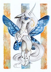 Size: 1024x1444 | Tagged: safe, artist:lailyren, oc, oc only, oc:farfalla, butterfly, changeling, changeling queen, insect, albino, albino changeling, butterfly wings, changeling oc, changeling queen oc, commission, fanfic art, female, mare, solo, traditional art, watercolor painting, white changeling, wings, writer:malvagio