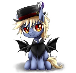 Size: 1280x1226 | Tagged: safe, artist:ce2438, oc, oc:vesper flare, bat pony, blonde mane, blue coat, cape, clothes, female, filly, hat, red eyes, simple background, smiley face, smiling, smirk, solo, top hat, white background