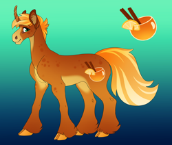 Size: 3884x3300 | Tagged: safe, artist:turnipberry, oc, oc only, oc:spiced cider, pony, unicorn, cloven hooves, curved horn, cutie mark, gradient background, green background, horn, magical lesbian spawn, male, offspring, parent:applejack, parent:sunset shimmer, parents:appleshimmer, simple background, solo, stallion, unshorn fetlocks