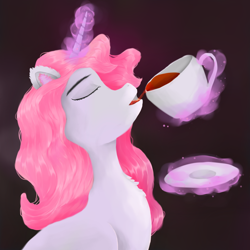 Size: 2000x2000 | Tagged: safe, artist:xlevovix, oc, oc only, pony, unicorn, cup, food, magic, magic aura, solo, tea