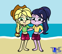 Size: 1200x1057 | Tagged: safe, artist:tommychipmunk, applejack, baewatch, equestria girls, barefoot, beach, belly button, clothes, feet, legs, lifeguard, lifeguard girl, sand