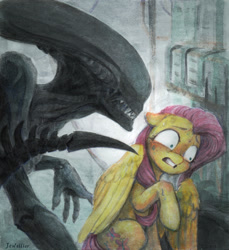 Size: 1815x1983 | Tagged: safe, artist:jewellier, derpibooru import, fluttershy, alien, pegasus, pony, alien (franchise), alien 3, covering, duo, female, floppy ears, gritted teeth, looking away, looking sideways, mare, movie scene, nervous, nervous sweat, raised hoof, scared, sitting, sweat, traditional art, wide eyes, wing covering, xenomorph