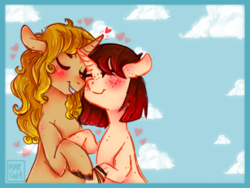 Size: 600x450 | Tagged: safe, artist:meqiopeach, oc, oc only, pony, unicorn, blushing, cloud, couple, cute, drawing, female, freckles, heart, hug, love, male, mare, nature, simple background, sky, smiling, stallion