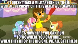 Size: 1920x1080 | Tagged: safe, edit, edited screencap, screencap, cheese sandwich, earth pony, pony, unicorn, caption, clothes, female, filly, happy birthday, image macro, male, skirt, song reference, stallion, text, weird al yankovic, world war iii