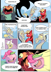 Size: 2480x3496 | Tagged: safe, artist:madgehog, derpibooru import, idw, big macintosh, discord, pinkie pie, draconequus, pony, the big mac question, spoiler:comic, spoiler:comic32, apple, apple monster, apple pinkie, chaos, colored, colt, comic, food, lineart, male, monster, species swap