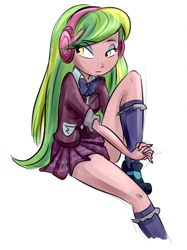 Size: 736x982 | Tagged: safe, artist:ponut_joe, edit, lemon zest, equestria girls, friendship games, bowtie, clothes, cropped, crystal prep academy uniform, female, headphones, kneesocks, legs, plaid skirt, pleated skirt, school uniform, schrödinger's pantsu, shoes, simple background, skirt, socks, solo, thighs, white background