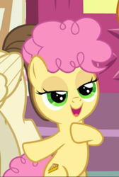 Size: 491x729 | Tagged: safe, screencap, li'l cheese, pound cake, earth pony, pegasus, the last problem, bipedal, colt, cropped, green eyes, lidded eyes, male, offscreen character, open mouth, smiling, solo