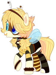 Size: 1541x2041 | Tagged: safe, artist:rukemon, artist:tocyabases, oc, oc only, oc:busy buzz (ice1517), bee pony, original species, pony, base used, bowtie, choker, clothes, collar, commission, deely bobbers, female, mare, mask, mismatched socks, nose piercing, nose ring, open mouth, piercing, raised hoof, shirt, shorts, simple background, socks, solo, striped socks, transparent background, wristband
