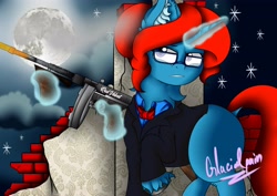 Size: 4096x2896 | Tagged: safe, artist:glacialpain, oc, oc:red velvet, pony, unicorn, fallout equestria, bowtie, clothes, cloud, fallout, glasses, gun, magic, moon, shooting, simple background, smoke, stars, suit, tommy gun, weapon