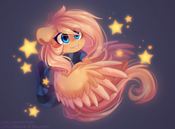 Size: 1800x1322 | Tagged: safe, artist:littlesnow, artist:solnuh, oc, oc only, oc:mirta whoowlms, pegasus, collaboration, blue eyes, blushing, clothes, messy mane, not fluttershy, scarf, stars, tongue out