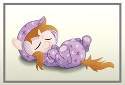 Size: 1250x850 | Tagged: safe, artist:spellboundcanvas, oc, oc:white shield, pony, unicorn, clothes, diaper, fetal position, footed sleeper, footie pajamas, hood, horn, pajamas, pony oc, poofy diaper, sleeping, solo, stallion, unicorn oc