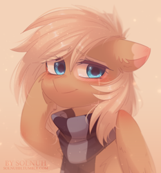 Size: 1006x1080 | Tagged: safe, artist:solnuh, oc, oc only, oc:mirta whoowlms, pegasus, pony, blue eyes, blushing, clothes, crying, messy mane, scarf