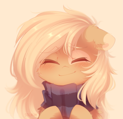 Size: 1039x1009 | Tagged: safe, artist:solnuh, oc, oc:mirta whoowlms, pony, bust, clothes, female, heartwarming, mare, messy mane, portrait, scarf, smiling, solo