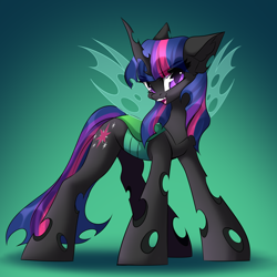 Size: 3000x3000 | Tagged: safe, artist:airiniblock, twilight sparkle, changeling, changelingified, female, gradient background, green background, rcf community, simple background, solo, species swap