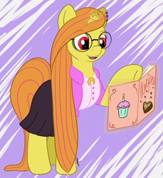 Size: 1280x1396 | Tagged: safe, artist:appleneedle, oc, oc only, oc:honey strudel, pony, unicorn, art, baking, book, broken horn, brony, character, chocolate, clothes, commission, cupcake, digital, drawing, fanart, female, food, glasses, horn, magic, mare, skirt, solo, study, sweet, telekinesis