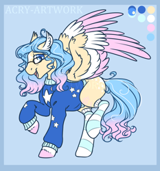 Size: 2050x2200 | Tagged: safe, artist:acry-artwork, oc, oc only, oc:blissful daydreams, pegasus, pony, clothes, colored wings, female, glasses, gradient mane, multicolored wings, pajamas, reference sheet, socks, solo, striped socks, sweater, wings