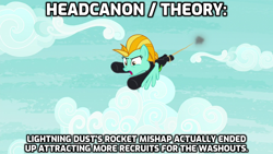 Size: 1280x720 | Tagged: safe, edit, edited screencap, screencap, lightning dust, pegasus, pony, the washouts (episode), blasting off again, headcanon, rivals for life, rocket, the washouts, theory