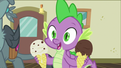 Size: 1920x1080 | Tagged: safe, screencap, gabby, spike, dragon, dragon dropped, cute, cute little fangs, fangs, food, happy, ice cream, ice cream cone, male, post office, solo focus, spikabetes, winged spike