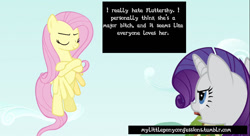 Size: 966x524 | Tagged: safe, derpibooru import, edit, edited screencap, screencap, fluttershy, rarity, pegasus, pony, unicorn, putting your hoof down, crossed hooves, drama, eyes closed, mlpconfessions, op is a cuck