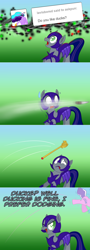 Size: 1148x3206 | Tagged: safe, artist:ladyanidraws, diamond tiara, oc, oc:pun, earth pony, pony, agent 707, armor, ask, ask pun, comic, female, knife, mare, night guard armor, scepter, twilight scepter