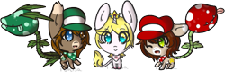 Size: 571x182 | Tagged: safe, artist:14th-crown, oc, monster pony, original species, piranha plant pony, plant pony, pony, unicorn, augmented tail, chibi, clothes, cosplay, costume, eye clipping through hair, fangs, hat, horn, leonine tail, luigi, mario, neckerchief, one eye closed, plant, princess peach, raised hoof, simple background, super mario bros., tongue out, transparent background, unicorn oc, wink