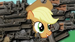 Size: 640x360 | Tagged: safe, derpibooru import, applejack, earth pony, pony, aks-47, assault rifle, gun, gun maniac, rifle, weapon