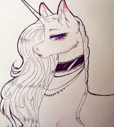Size: 1080x1207 | Tagged: safe, artist:mayguay, oc, oc only, pony, unicorn, bust, choker, ear fluff, horn, jewelry, lineart, makeup, necklace, solo, traditional art, unicorn oc
